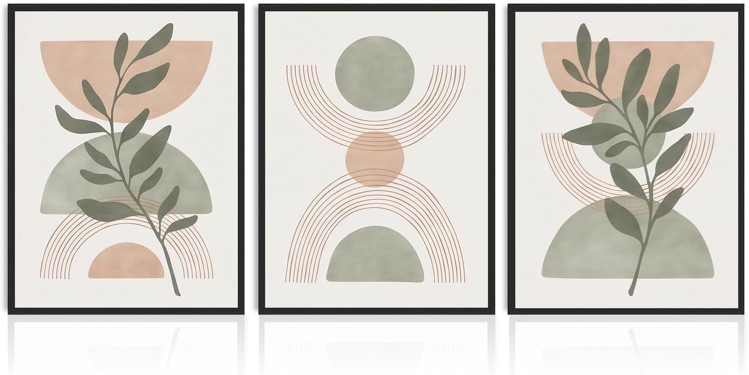 Dazzlewall 3pcs Boho Abstract Wall Art Poster, Minimalist Green Botanical Leaves Neutral Canvas Prints for Bedroom Living Room Decor, 12×16 in Unframed