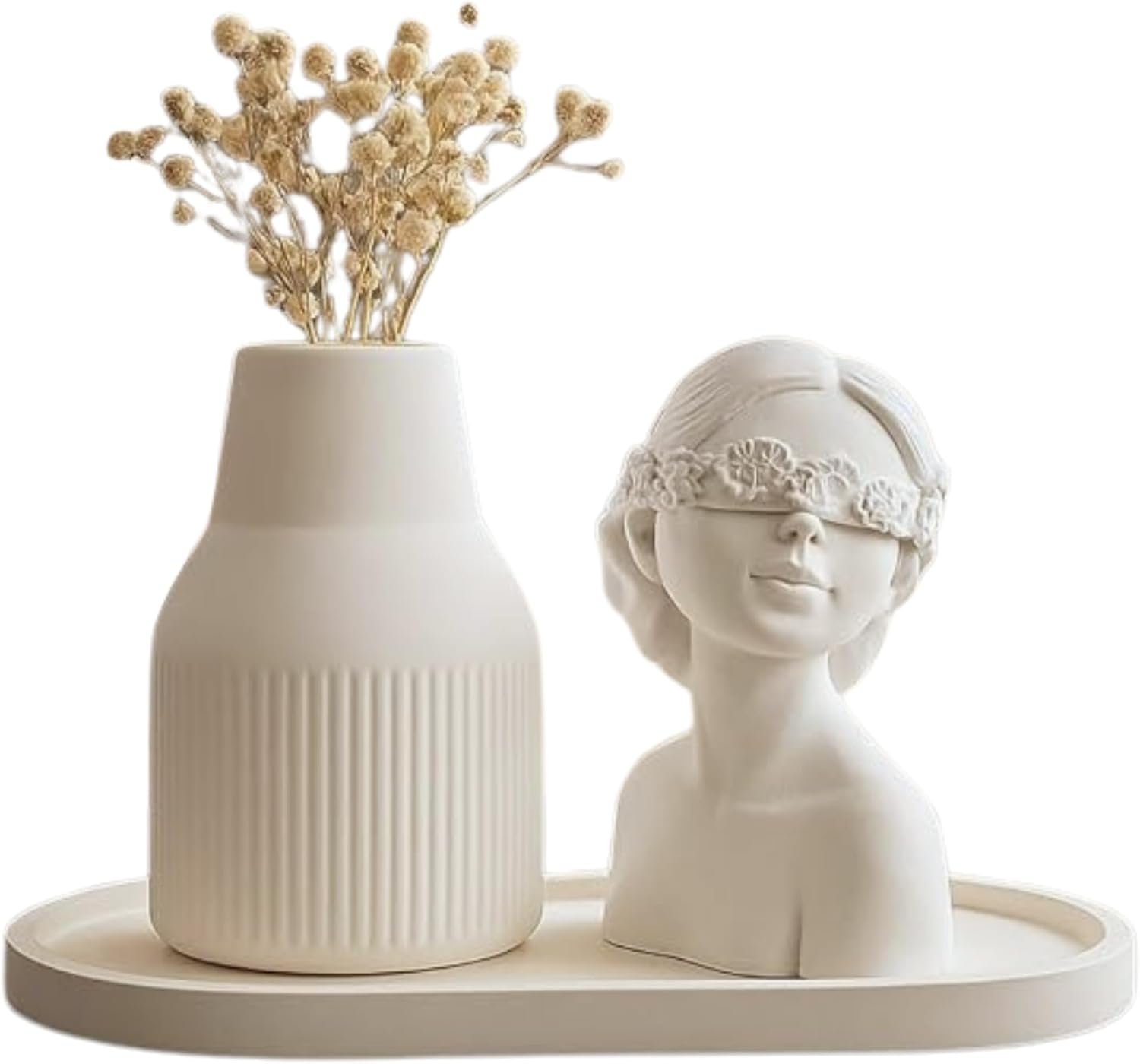 Modern White Plaster Decorative Vase Set – Abstract Minimalist Home Decor Vases with Tray for Living Room, Coffee Table