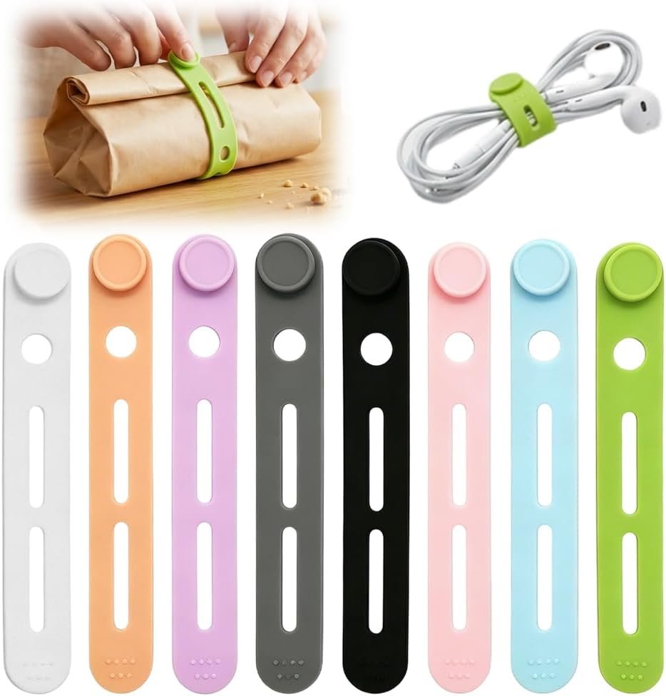 Silicone Cable Ties for Cord Management, Reusable Fastener for Charger Cords, Office Desk, Bathroom, and Vanity Organizer, Multipurpose Wire Fastener for Home and Travel (Mix, 8pcs)