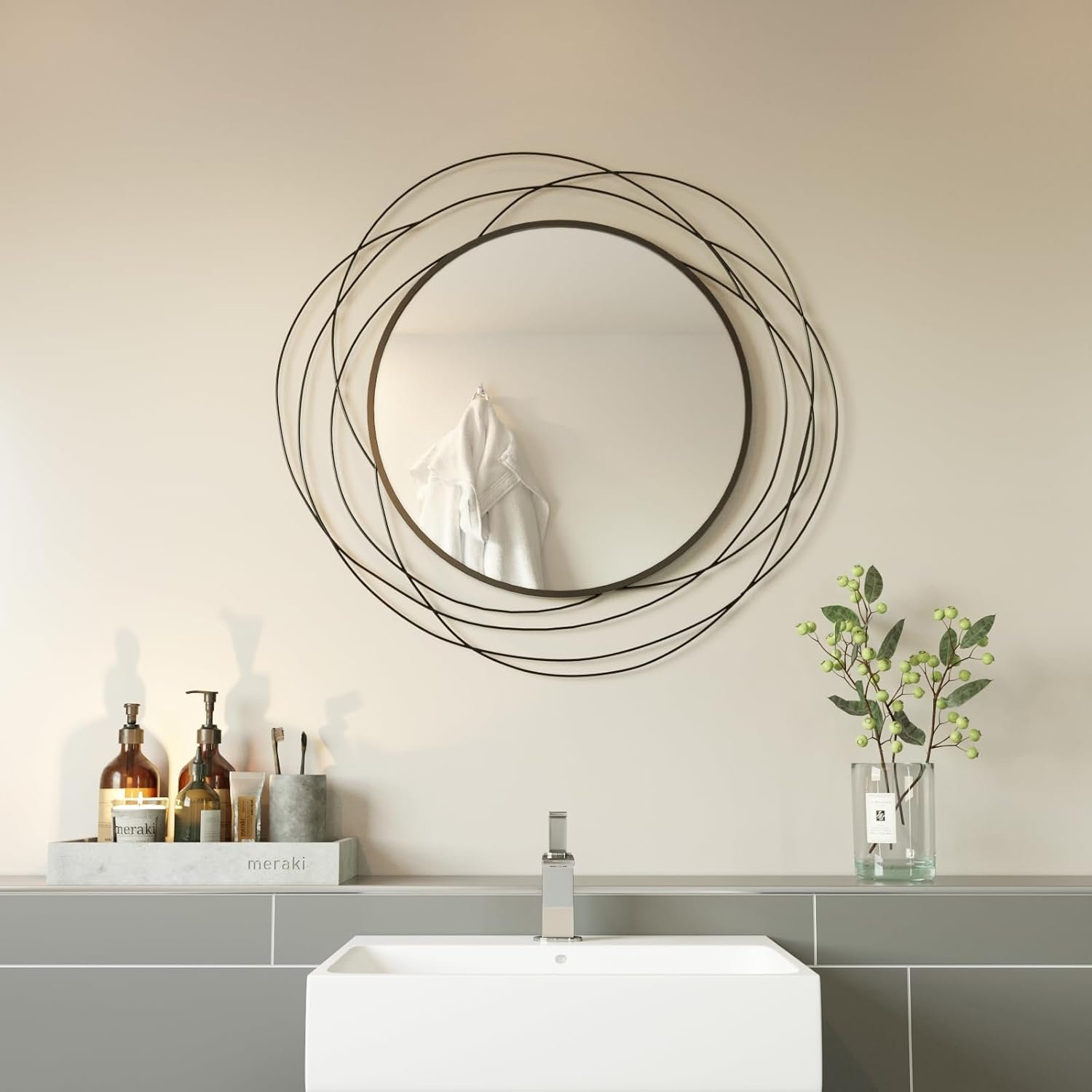 ironsmithn Round Wall Mirror, Black Metal Frame Mirror with Orbital Design, Rounded Hanging Mirrors Decorative, Circle Mirrors for Bathroom Vanity Living Room Bedroom, 26.8″ x26.8″