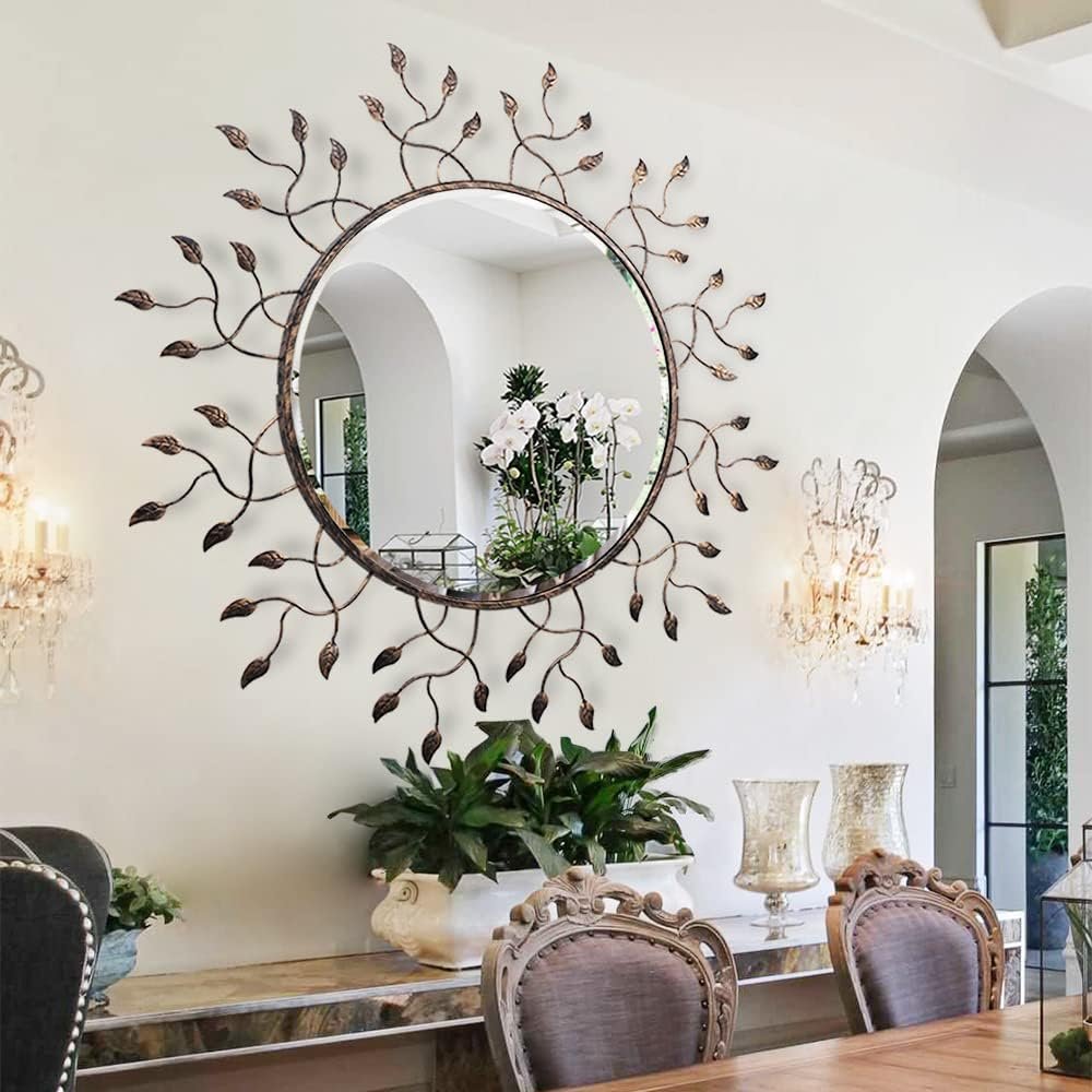Chende Round Decorative Mirror for Wall Decor, 39″ x 39″ Large Living Room Mirror with Removable Metal Leaves for Entryway, Home Office, Bedroom,Farmhouse