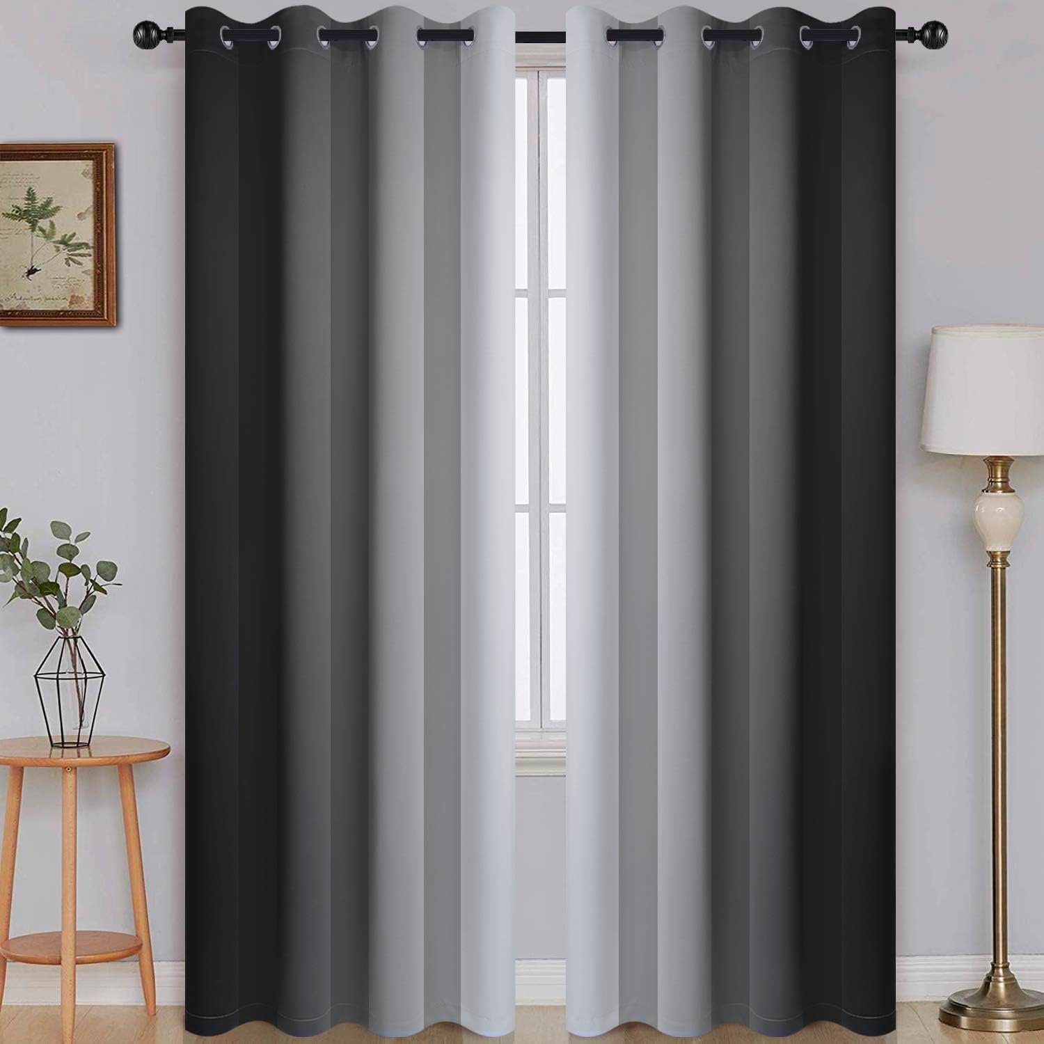 SimpleHome Ombre Room Darkening Curtains for Bedroom, Gradient Black to Grey White Light Blocking Thermal Insulated Grommet Window Curtain/Drapes for Living Room,2 Panels, 52×84 inches Length
