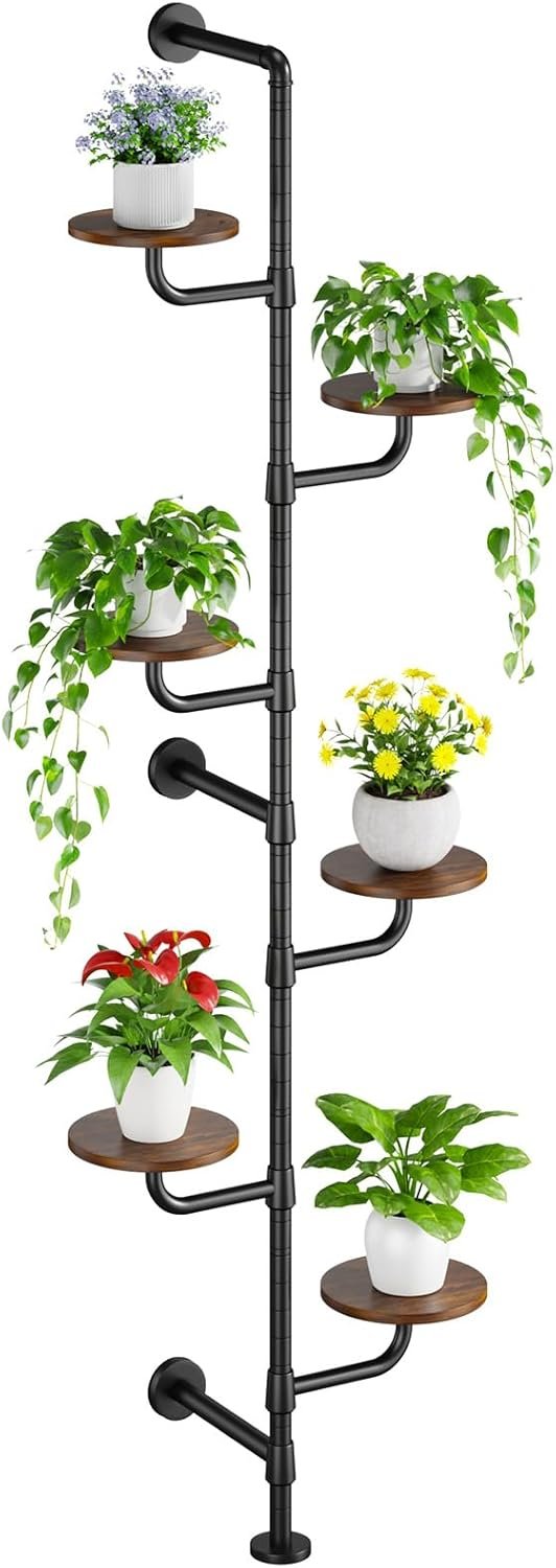 Plant Stand Indoor, 6-Tier Plant Shelf, Tall Wall Mounted Metal Pole & Rotating Wooden Board Plant Holder for French Window, Corner, Home Decor – C5