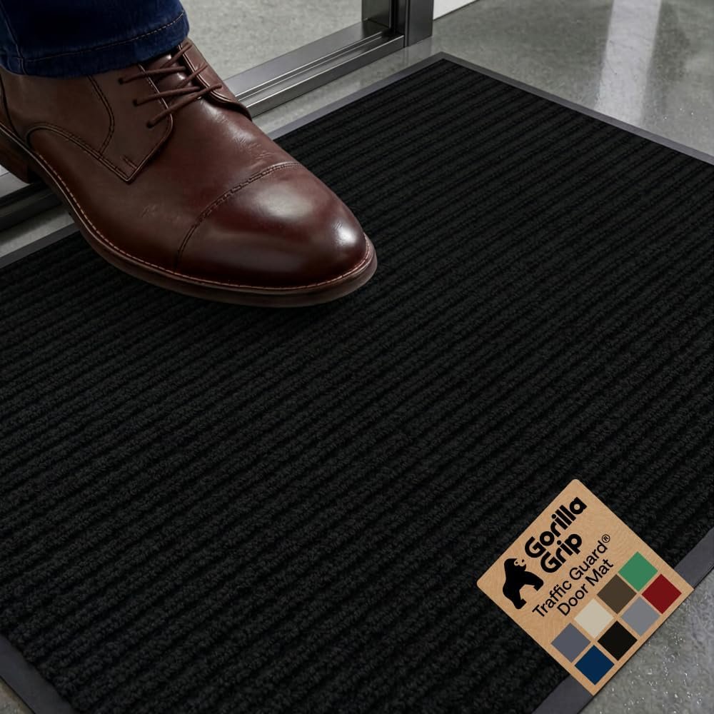 GORILLA GRIP Waterproof Traffic Guard Door Mat, Heavy Duty Entryway Mats, Strong Backing Commercial Utility Rugs for Office Hallway, Garage Floor and Home, Low Profile Carpet Runner, 29×17, Black