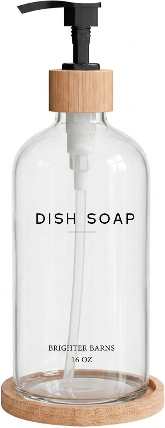 Clear Glass Dish Soap Dispenser by Brighter Barns – Kitchen Sink Set With Bamboo Tray – Modern Decor and Accessories, Minimalist Neutral Home (Clear)