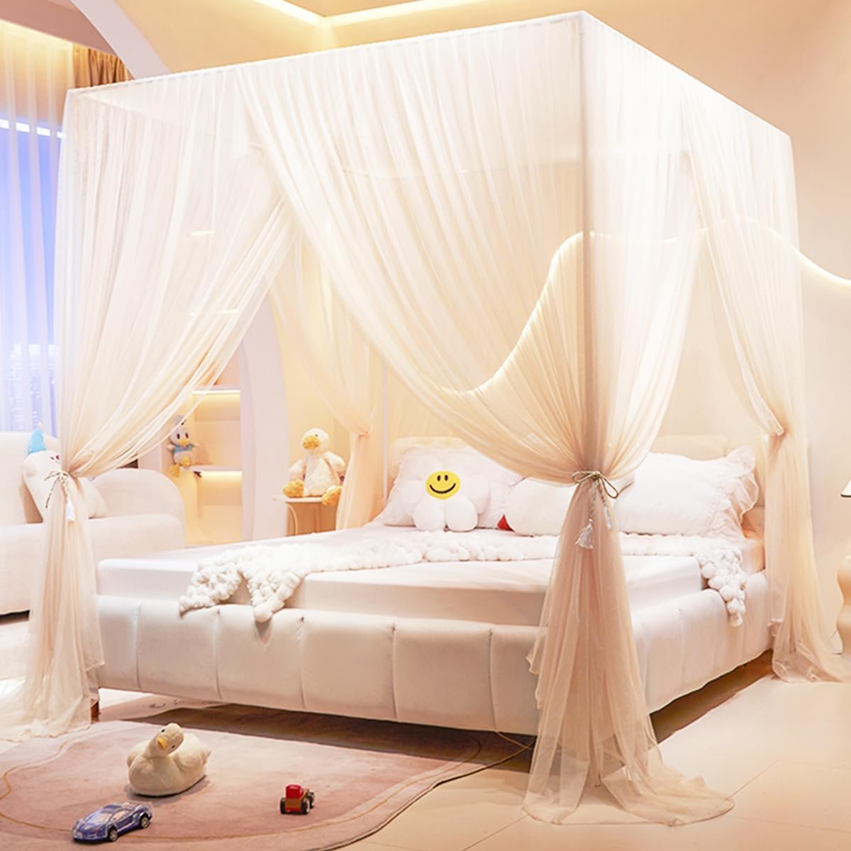 Akiky Princess Canopy Bed Curtains 4 Corners Post Mosquito Net – Cozy Drape Netting 4 Opening Bed Canopy Curtain for Girls Bed Boys Adults (Queen,Beige)