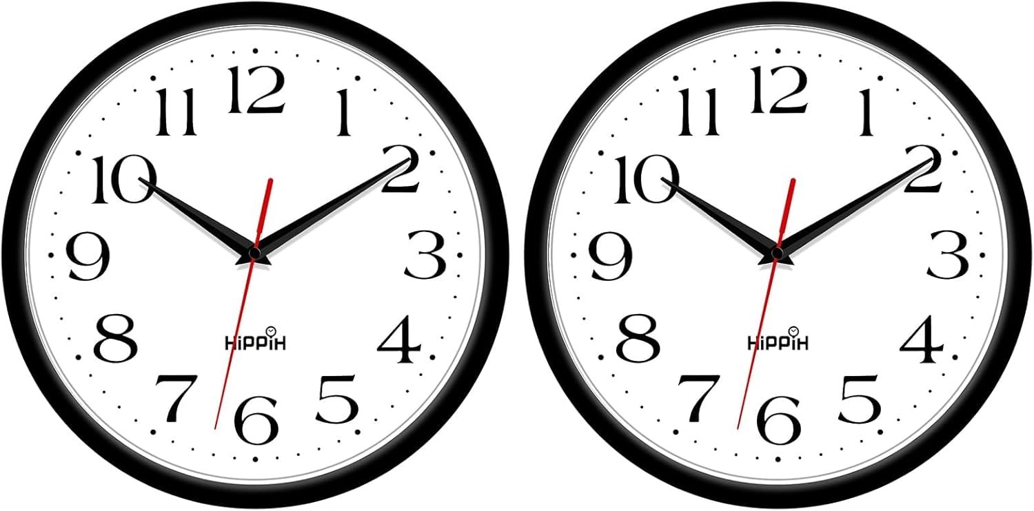 HIPPIH 2 Pack Silent Wall Clock, 10 Inch Non Ticking Quiet Digital Sweep Decorative Battery Operated Wall Clocks for Living Room Bedroom Kitchen School Office Decor, Black
