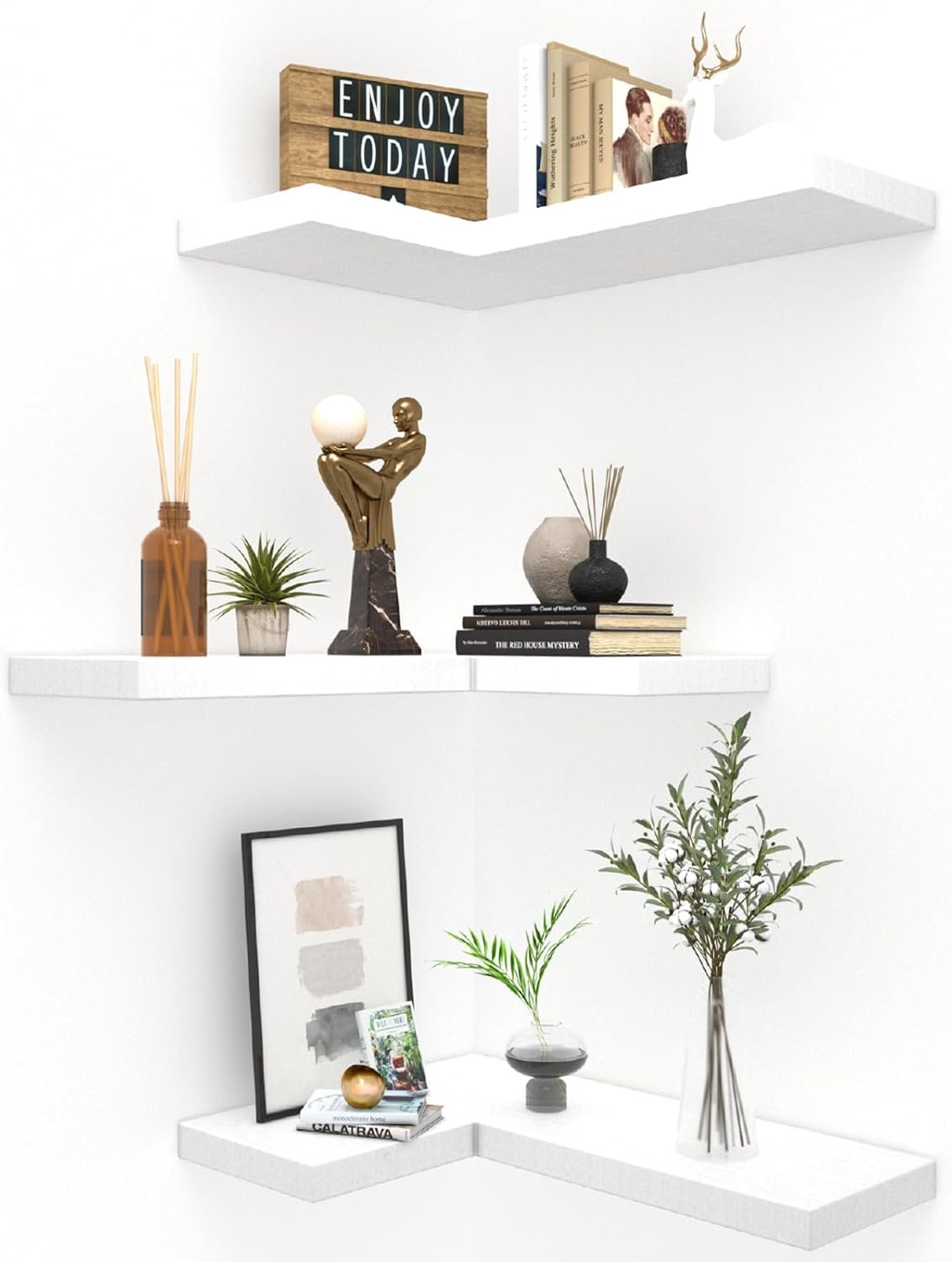 NATURE’S SOURCE Floating Corner Shelves with Invisible Brackets Set of 3, Corner Shelves Wall Mounted, for Home Bedroom Bathroom Kitchen Living Room Office- 16.1″ x 11.5″ (Pure White)