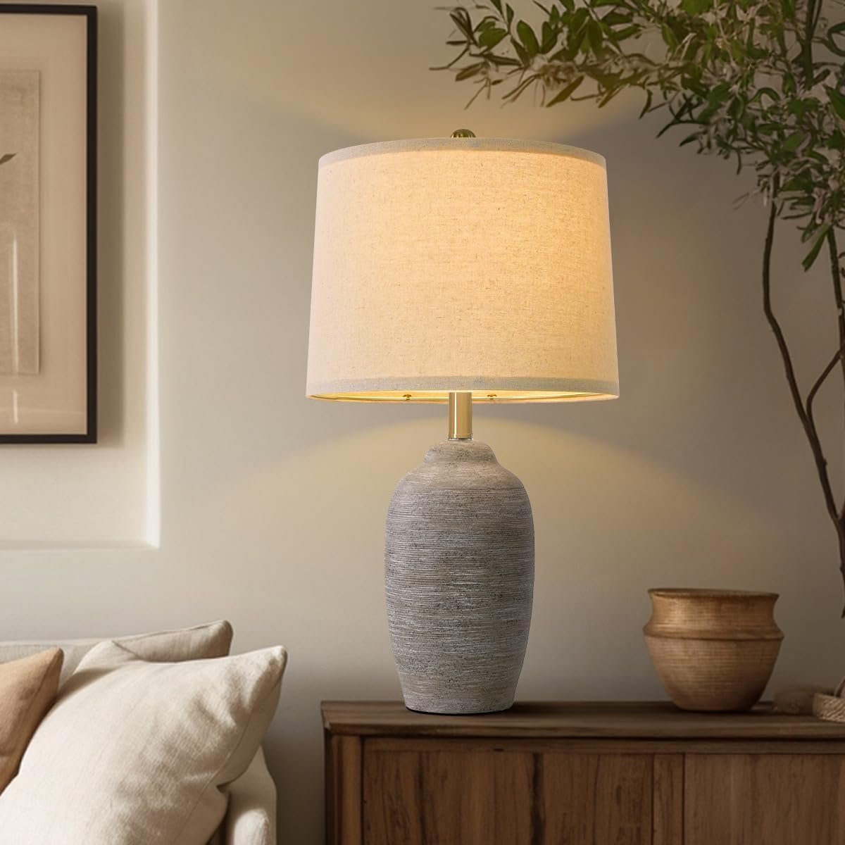 USumkky 24.5″ Handcrafted Ceramic Table Lamp with 5FT Cord, Single Farmhouse Vintage Rustic Bedside Lighting for Living Room Bedroom Entryway Linen Shade Nightstand End Table Decor (Bulb Not Included)