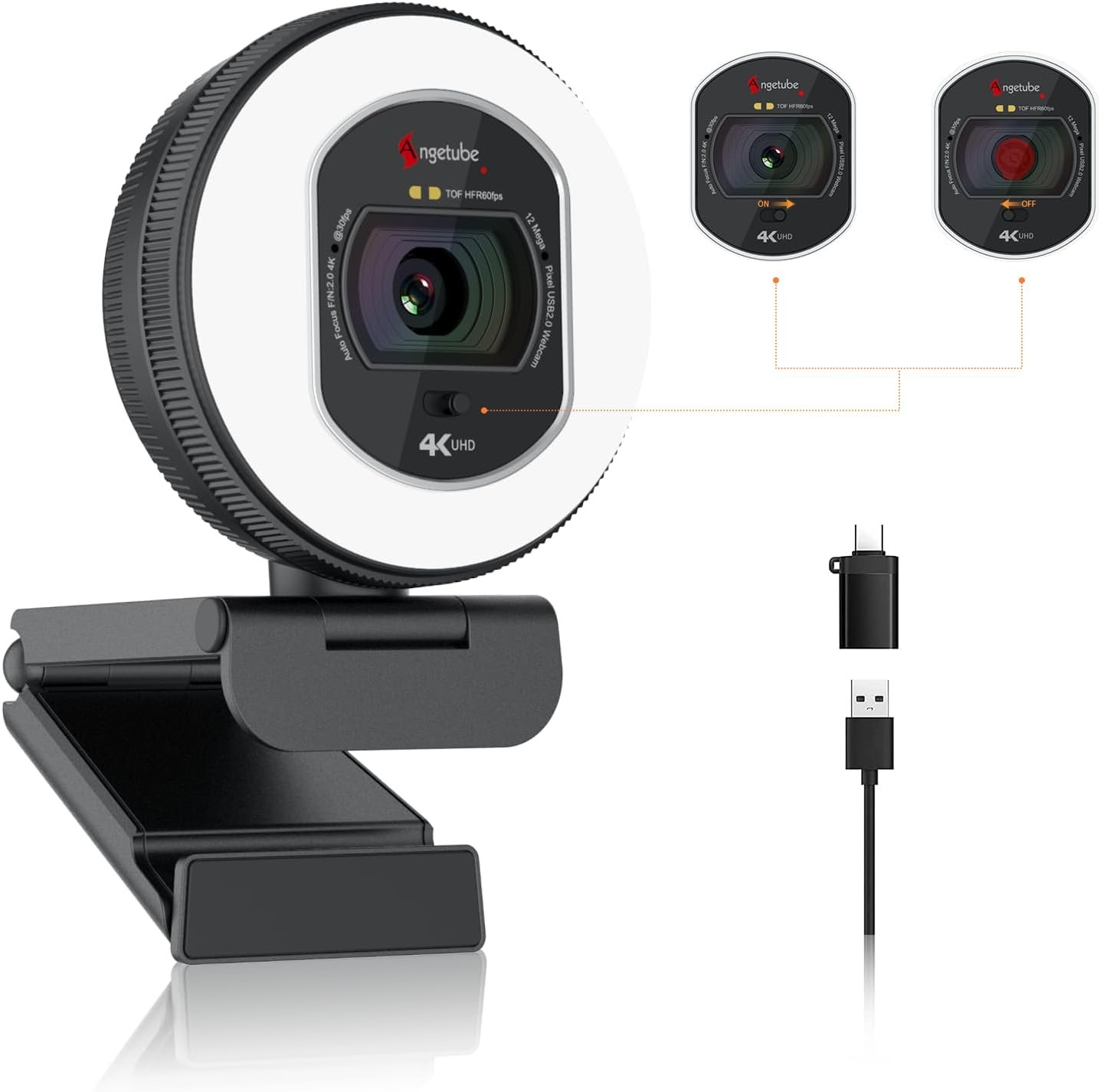 Angetube 4K Webcam with Light for PC, UHD 4K, TOF Auto Focus, Dual AI Noise-Cancelling Mics, 1080p@60FPS, USB Streaming Webcam w/Privacy Cover for Laptop/Mac/Desktop/PC Work w/Zoom/Teams/Google Meet