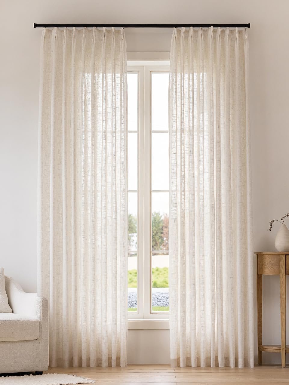 Liz Sheer Pinch Pleated Linen Curtains 102 Inches Long – Light Filtering Pleat Curtains for Living Room, Window Curtains for Bedroom, Luxury Pinch Pleated Drapes with Hooks, Natural, 2 Panels Set