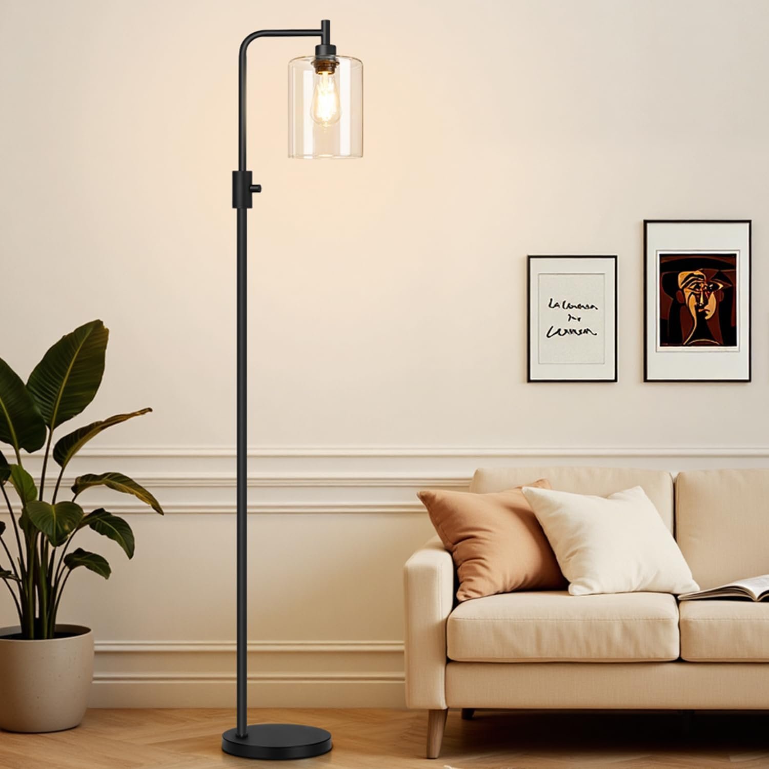 【Upgraded】Dimmable Floor Lamp for Living Room with Glass Shade, Black Modern Industrial Floor Lamp with 900LM LED Bulb Included, Bright Standing Tall Lamp for Bedroom, Office, Reading Room, Corner