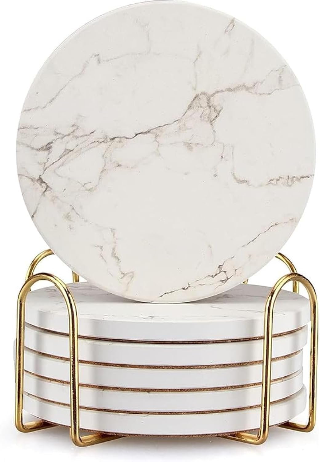 6 Pack White Marble Coaster Set with Holder Absorbent Drink Coasters Ceramic Cute Coaster Bar Dining Coffee Table Accessories Decor Gift Funny Cup Stone Modern Costers Cool Desk Beer Cork Coasters