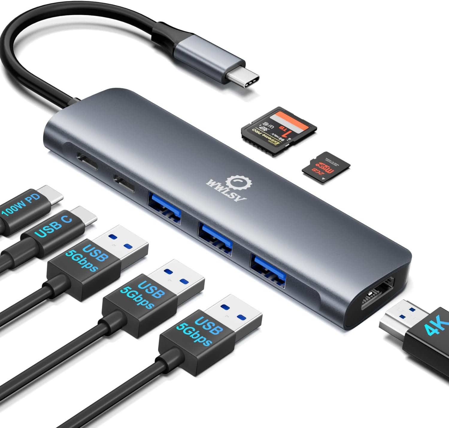 8-in-1 USB C Hub Laptop Docking Station, Multiport Adapter with 4K@60Hz HDMI, 3X USB 3.0 Ports, 100W PD Fast Charging, SD/Micro SD Card Reader, for MacBook Pro/Air, Dell XPS, HP, Lenovo Laptops