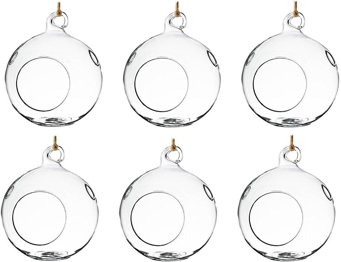 Set of 6 Hanging Glass Globe Plant Terrariums Orbs Air Plant Tea Light Candle Holders Succulents Moss Miniature Garden Indoor Home Decor Outdoor Garden DIY Design Gift 4 Inches by 4