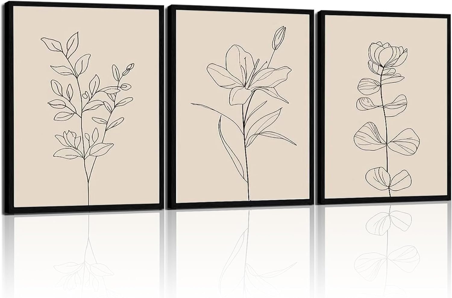 CHTEXA Minimalist Botanical Wall Art Set Of 3 Framed Canvas Prints Neutral Beige Plant Line Art Decor For Living Room Bedroom Bathroom Office 12×16 Inch