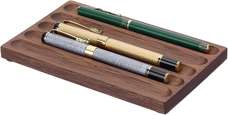 PLIGREAT 5 Grid Wood Pen Tray, Wooden Desk Pen Organizer Holder Minimalist Wave Pencil Rest for Office Stationery Desk Decor Retro Home Bedroom Decoration, 7.1×4.3×0.6inch