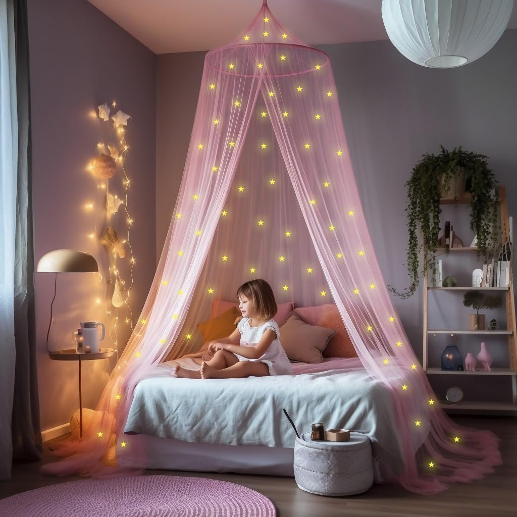 Pink Canopy for Girls Bed with Pre-Glued Glow in The Dark Stars – Princess Mosquito Net Room Decor – Kids & Baby Bedroom Tent with Galaxy Lights – 1 Opening Canopy Bed & Hanging Kit Included