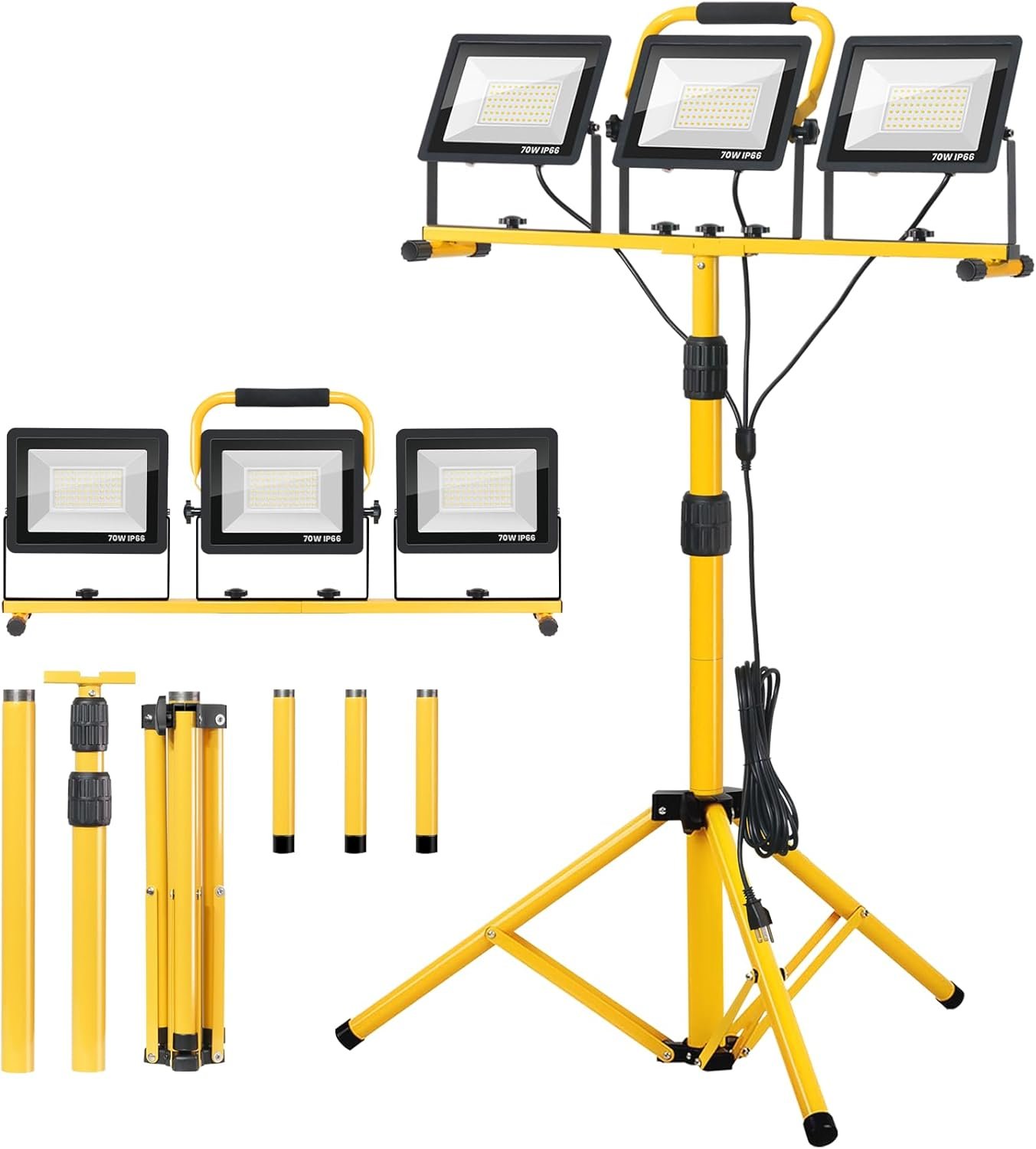 Zetunlo 21000Lumen LED Work Lights with Stand – 3 Head Portable Work Light with 16FT Cord – IP66 Waterproof Tripod Worklights for Outdoor Indoor Job Site Workshop Garage Construction Site Lighting