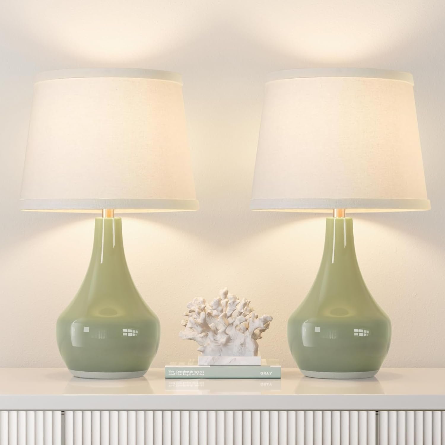Seealle Modern Green Table Lamps Set of 2 – Bedside Lamps for Night Stands, 19.4″ Bedroom Lamps for Living Room Sage Green Lamps with Rocker Switch