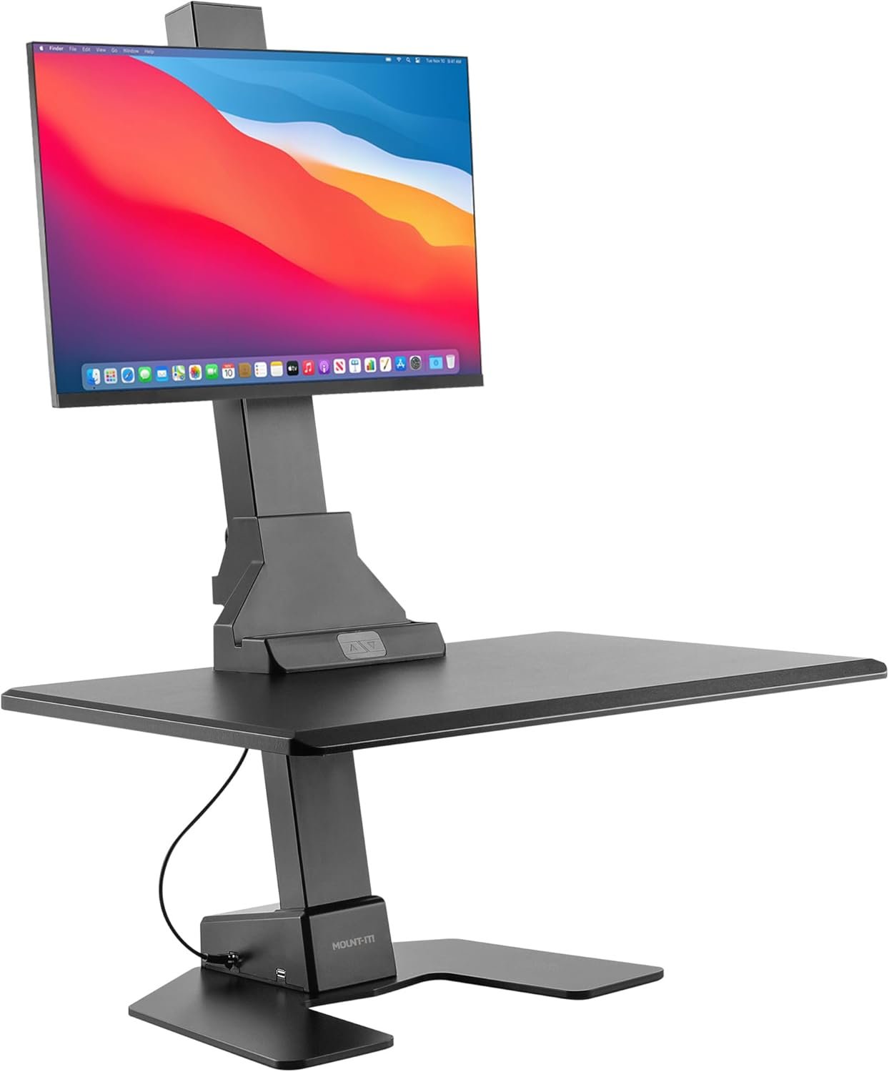 Mount-It! Electric Standing Desk Converter – Motorized Sit-Stand Desk Riser with Monitor Mount, Standup Powered Desktop Lift for Single Monitor up to 32″, 28″ Wide Keyboard Tray, Adjustable Height