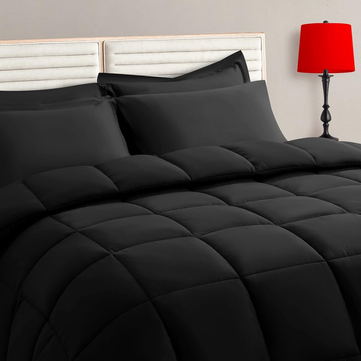 TAIMIT King Size Comforter Set – 7 Pieces, Bed in a Bag Bedding Sets with All Season Soft Quilted Warm Fluffy Reversible Comforter,Flat Sheet,Fitted Sheet,2 Pillow Shams,2 Pillowcases,Black