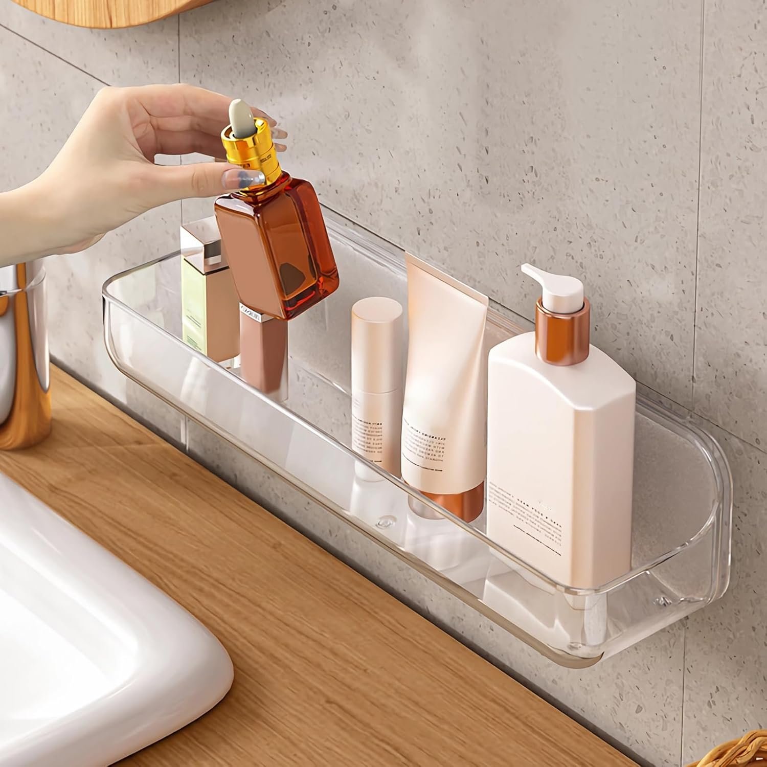 Diesisa Acrylic Wall Mounted Shower Caddy, Clear, Large Size 4D x 12.8″ W x 3.3″ H, Acrylic Shelf, No Drilling Walls Adhesive Shelf, Bathroom Shelves with Self Adhesive Tape for Bathroom, Kitchen