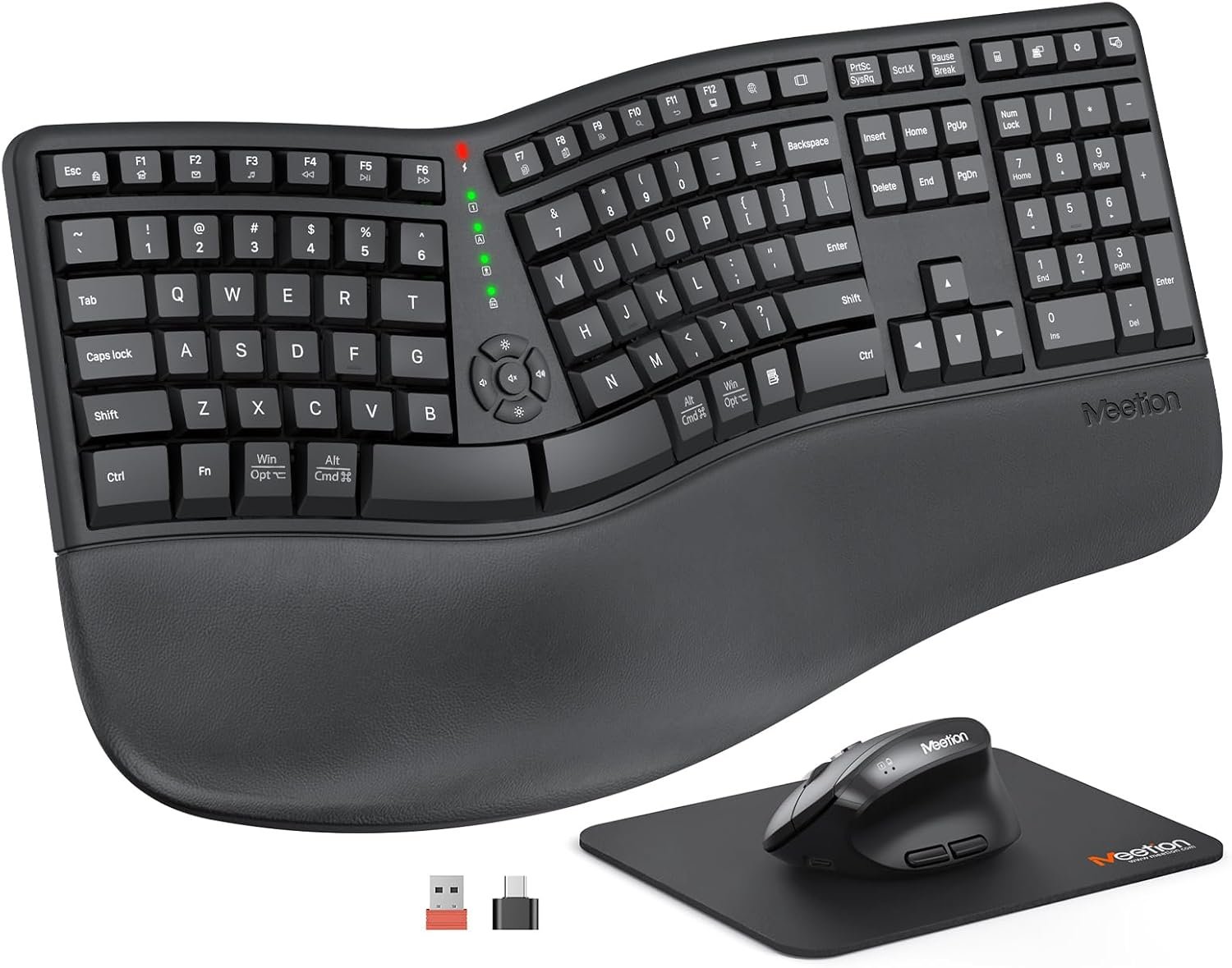 MEETION Ergonomic Keyboard and Mouse, Wireless Keyboard with Vertical Mouse, Split Curved Keyboard with Wrist Rest, Natural Typing USB Receiver Rechargeable Full Size, Windows/Mac/PC/Laptop, Large