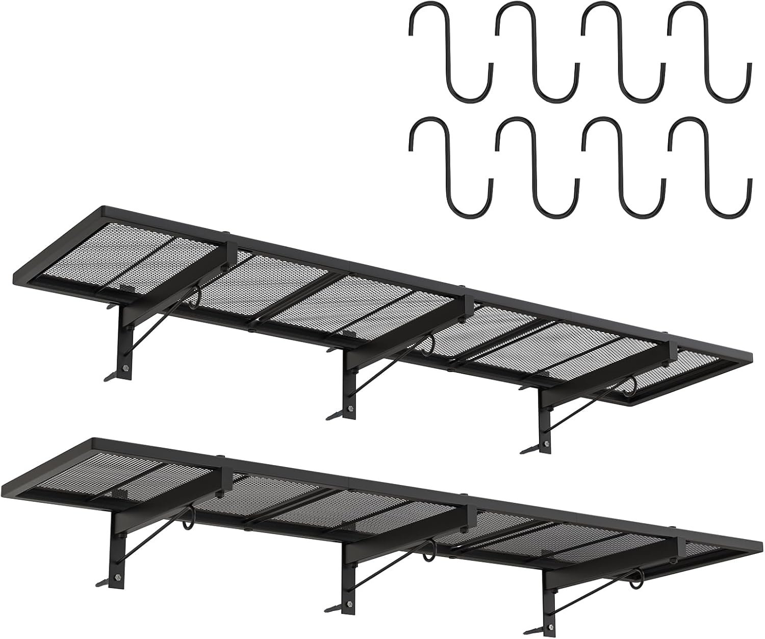 2 Pack Garage Wall Shelf, Heavy Duty Garage Shelving, 46″X 12.5″ Wall Mounted Floating Shelves, Metal Hanging Storage Rack with 8 Hooks, Utility Organizer Max Load 320 LBS for Laundry Room, Workshop