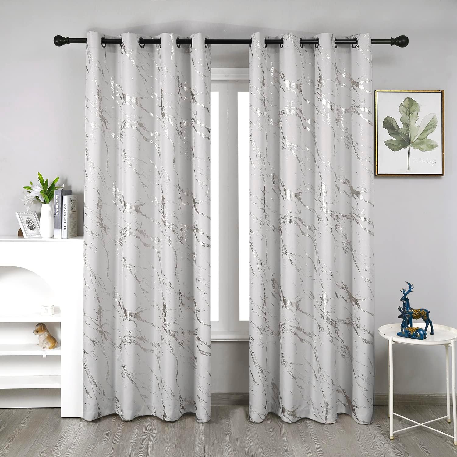 Taisier Home Silver Foil Print Linen Textured Curtains Geometric Marble Pattern Design Curtains for Living Room Light Filtering Window Treatment 2 Panels 84″ L,Beige and Silver Print