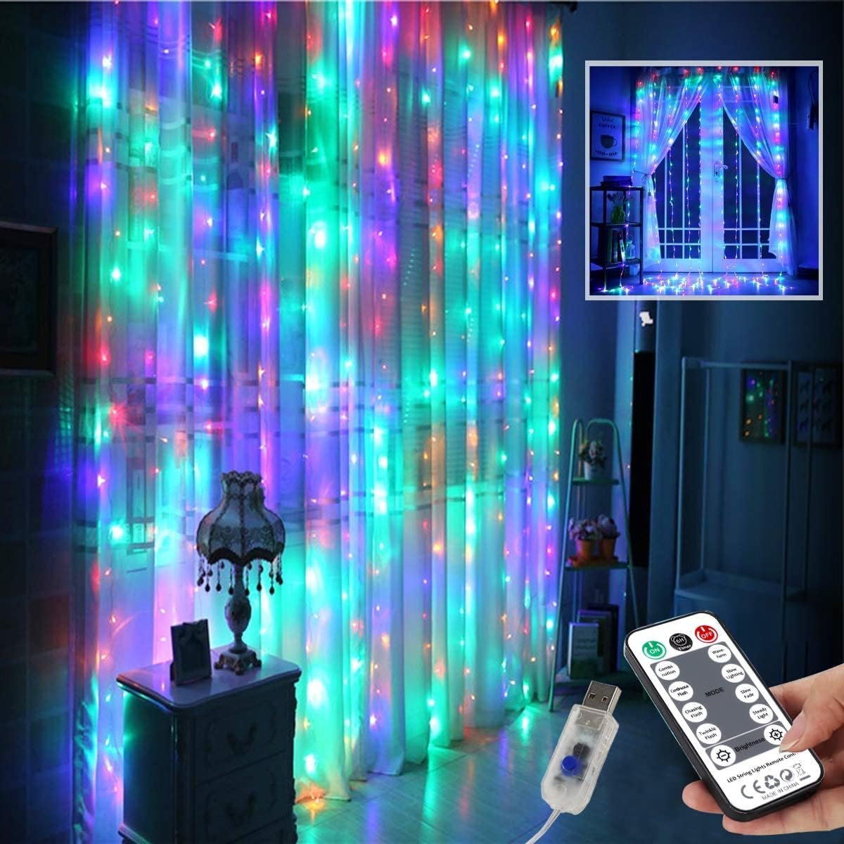 Curtain Lights String, 144 LED Twinkle Lights with Remote for Bedroom/Wedding/Wall Decor, 8 Modes Waterproof Hanging Fairy Lights (Multicolor; 7.9×5.9Ft)