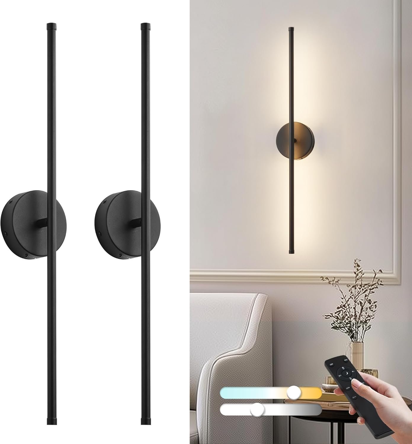KARTOOSH Removable Battery Operated Wall Sconces with Remote Control 350°Rotate LED Wireless Wall Lights with 3 Color Temperatures & Dimming for Bedroom, Hallway,28.3 Inch (2 Pack)