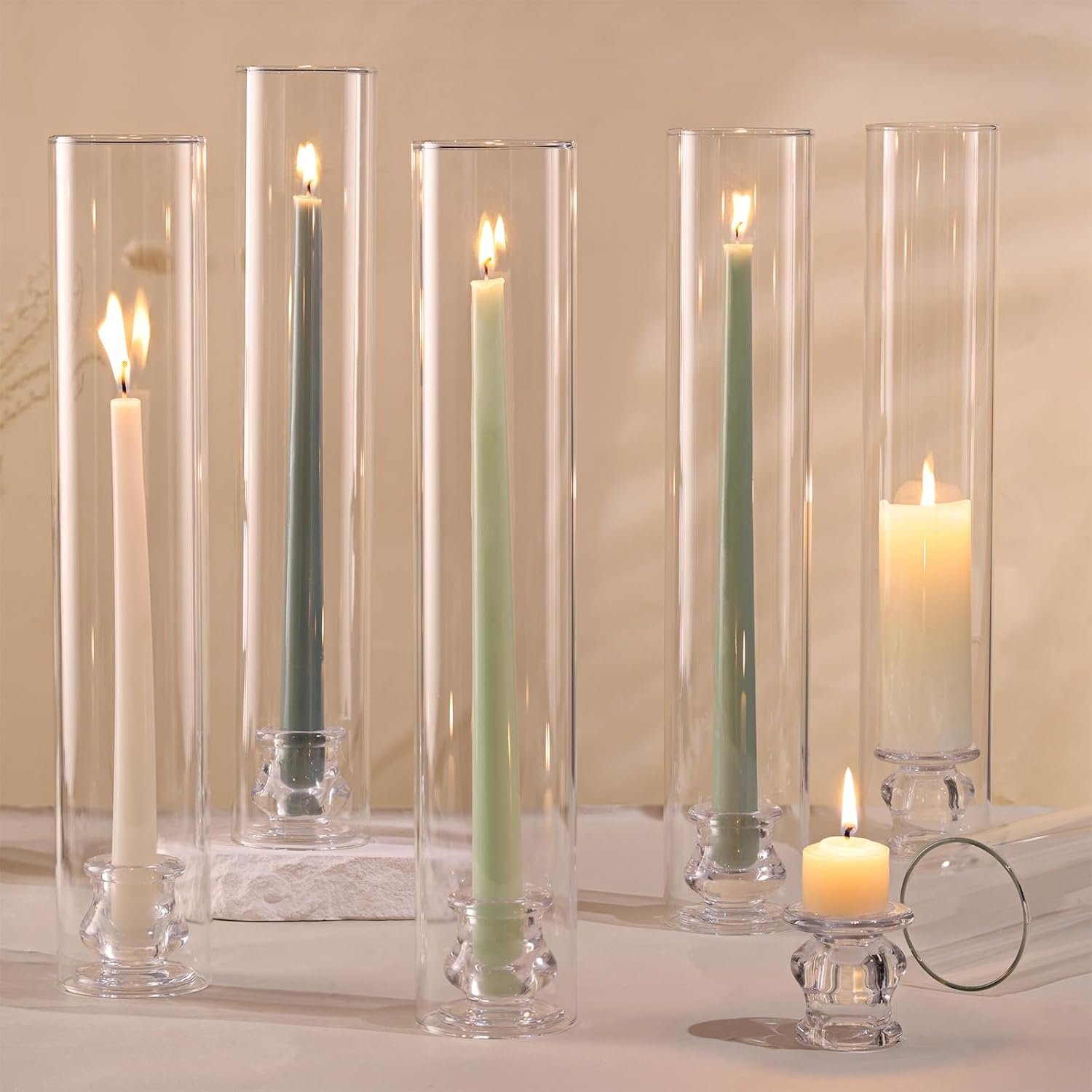 Volens Hurricane Glass Candle Holders – Set of 6 Candlestick Holders for Taper Candles with Windproof Cylinder Covers 14″ Tall Clear Glass Chimney Cover for Wedding Table Centerpiece Home Decor