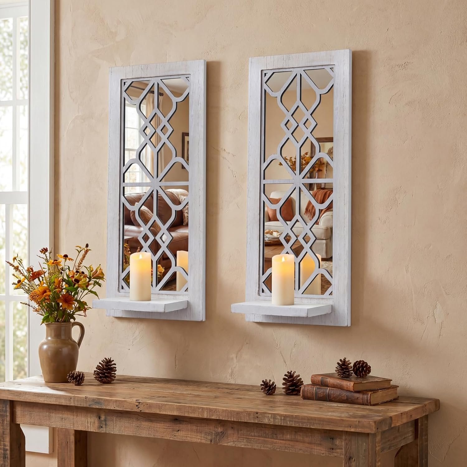 ZEXUIRU 2 Set Rustic Candle Sconces Living Room Bedroom Entryway Wood Mirrored, Farmhouse, Carved Frame Wall-Mount Wooden Candle Holders Wall Decor Hanging Handmade Holder – Distressed White