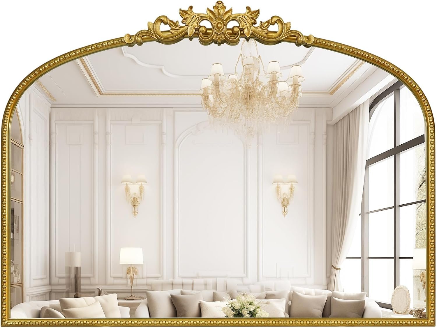 WallBeyond Gold Vintage Mirror for Vanity 32×24 Inch, Gold Antique Mirror with Ornate Frame, Arched Vintage Wall for Bathroom, Living Room, Fireplace, Entryway