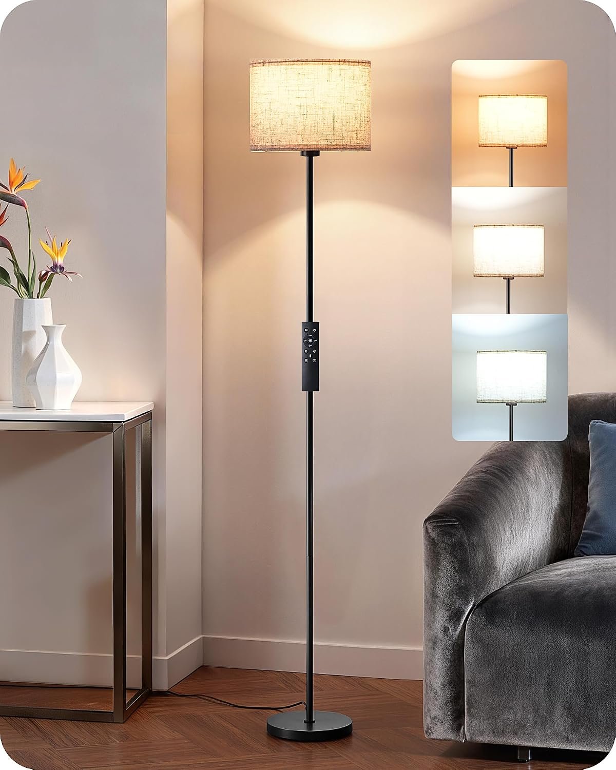 EDISHINE Upgraded Floor Lamps with 2 Lampshades, 63.7″ Modern Standing Lamp with Foot Switch and Remote Control, Stepless Dimmable Minimalist Lamps for Bedroom, Office, (9W LED Bulb Included), Black