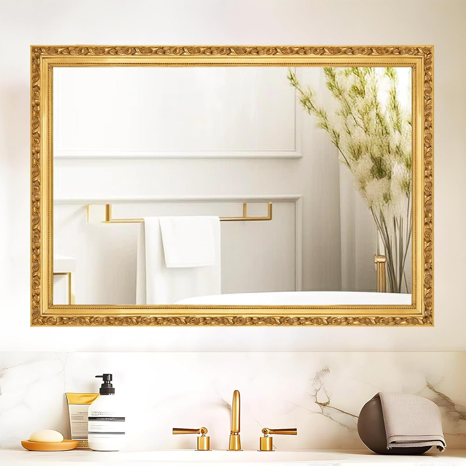 Gold Vintage Mirror, 40” x 28” Traditional Ornate Wall Mirrors with Antique Gold Frame, Decorative Mirrors for Living Room, Bathroom, Bedroom