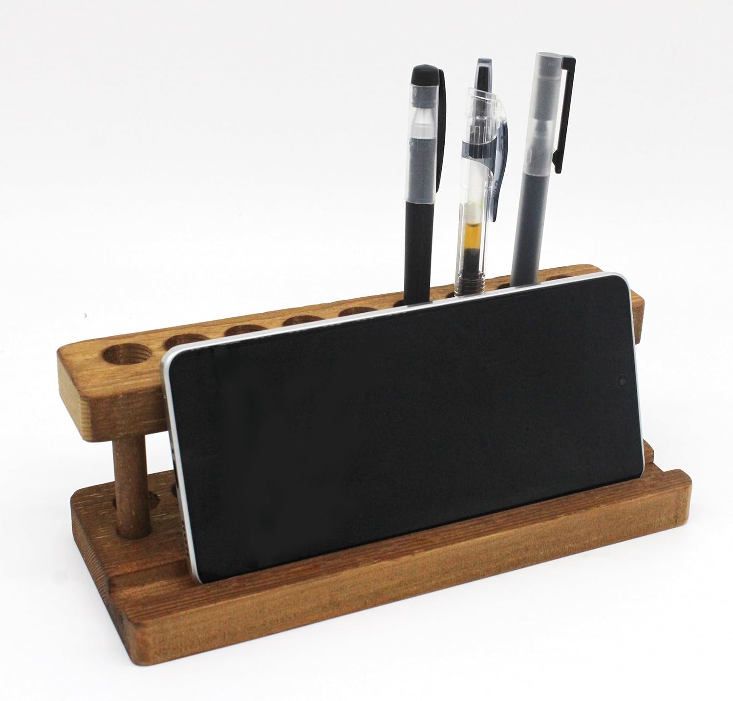 Wooden Pen Holder for Desk, Solid Walnut Pencil Stand Pen Displays with 9 Slots and Cell Phone Holder, Aesthetic Pens Organizer for Minimalist Office Desk Decor