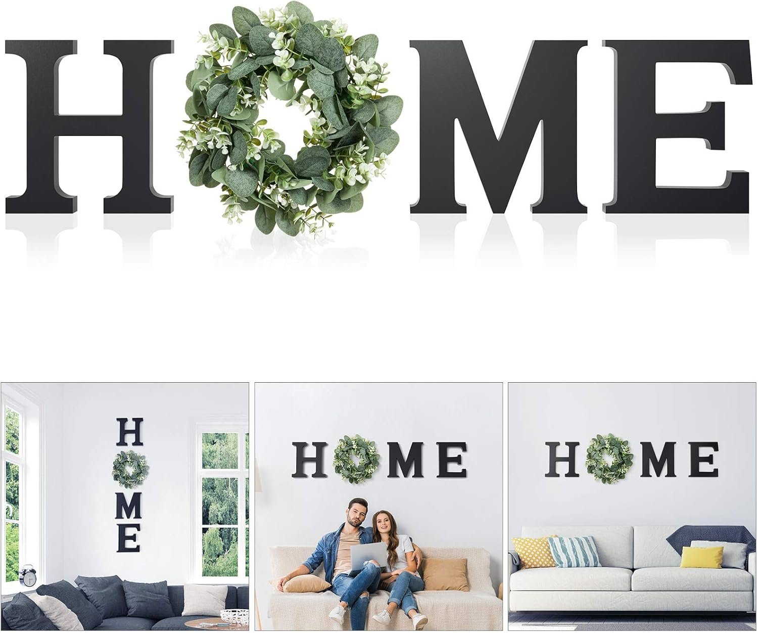 Wooden Home Letters with Wreath Artificial Eucalyptus Modern Decorative Hanging Farmhouse Sign for Living Room & Kitchen – Housewarming & Couple Gifts – Christmas Decoration