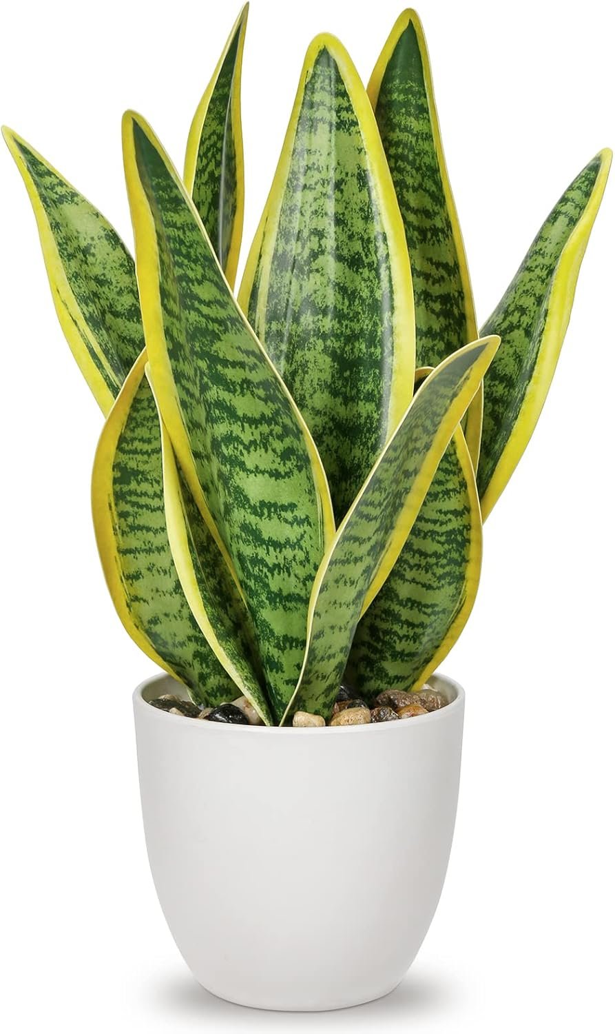 Hollyone Artificial Snake Plant Potted Faux Sansevieria Trifasciata Plants, 13″ Tropical Fake Plants in White Pots for Home Office Room Indoor Decor Housewarming Gifts