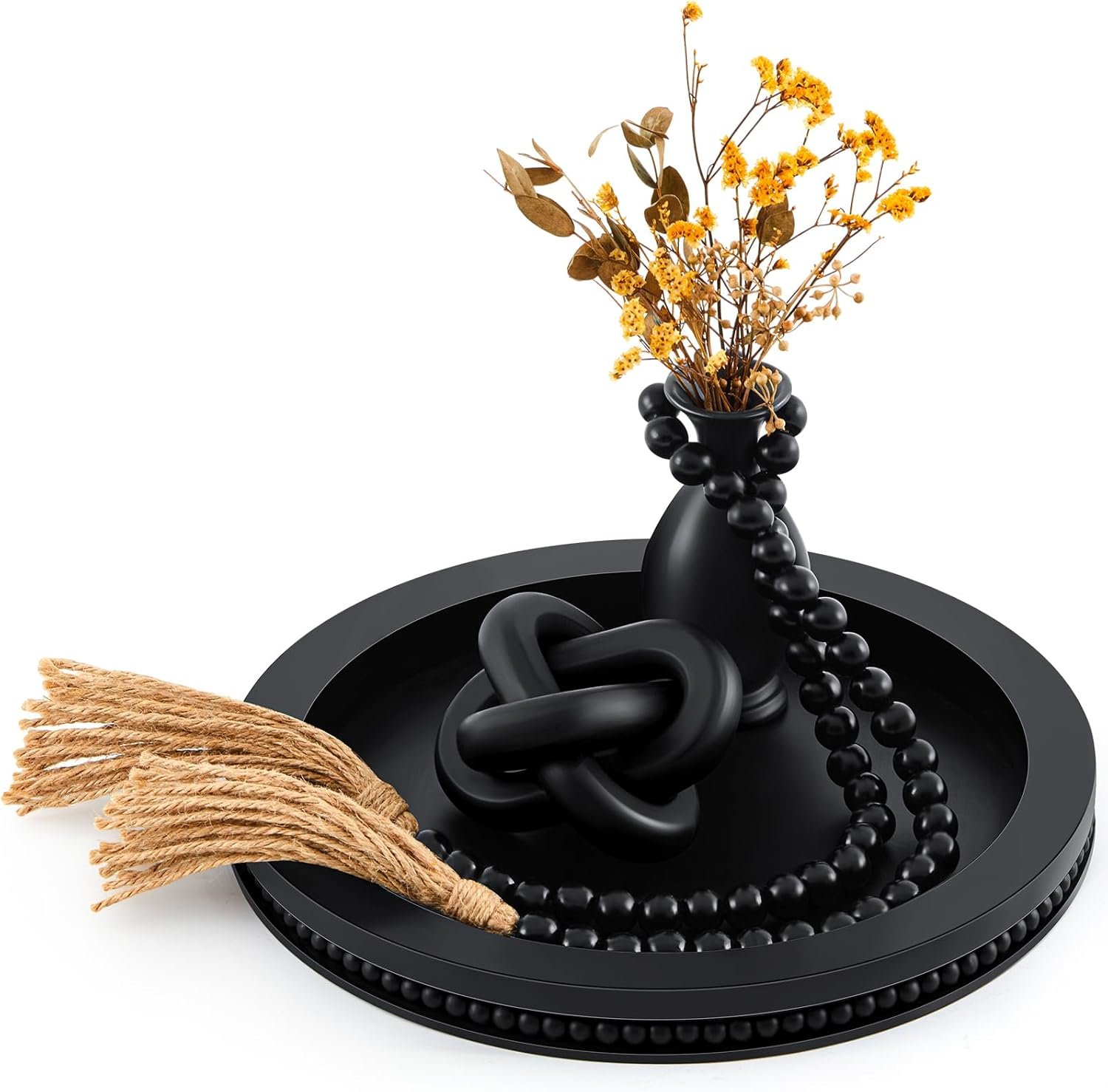 3 Pcs Coffee Table Decor Include 12in Black Wooden Serving Tray, Wood Boho Knot Chain and Wood Bead Garland with Tassels for Coffee Table Housewarming Gift Dining Room Entryway Living Room Farmhouse