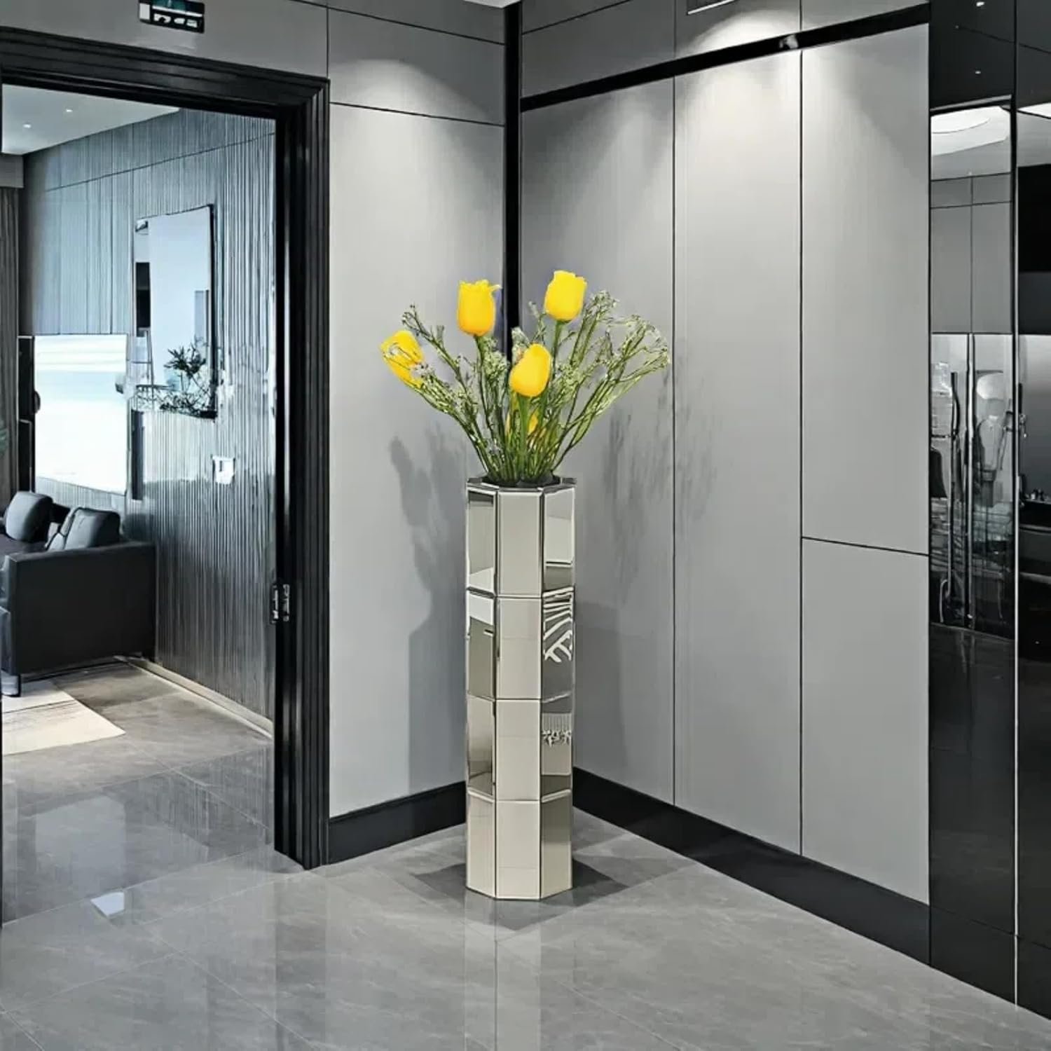 28″ Tall Floor Vase, Mirror Silver Large Flower Vases for Home Decor, Mirrored Glass Decorative Modern Vase for Living Room,Office,Centerpiece (Silver Octagon:7.1”L X 7.1”W X 28”H)