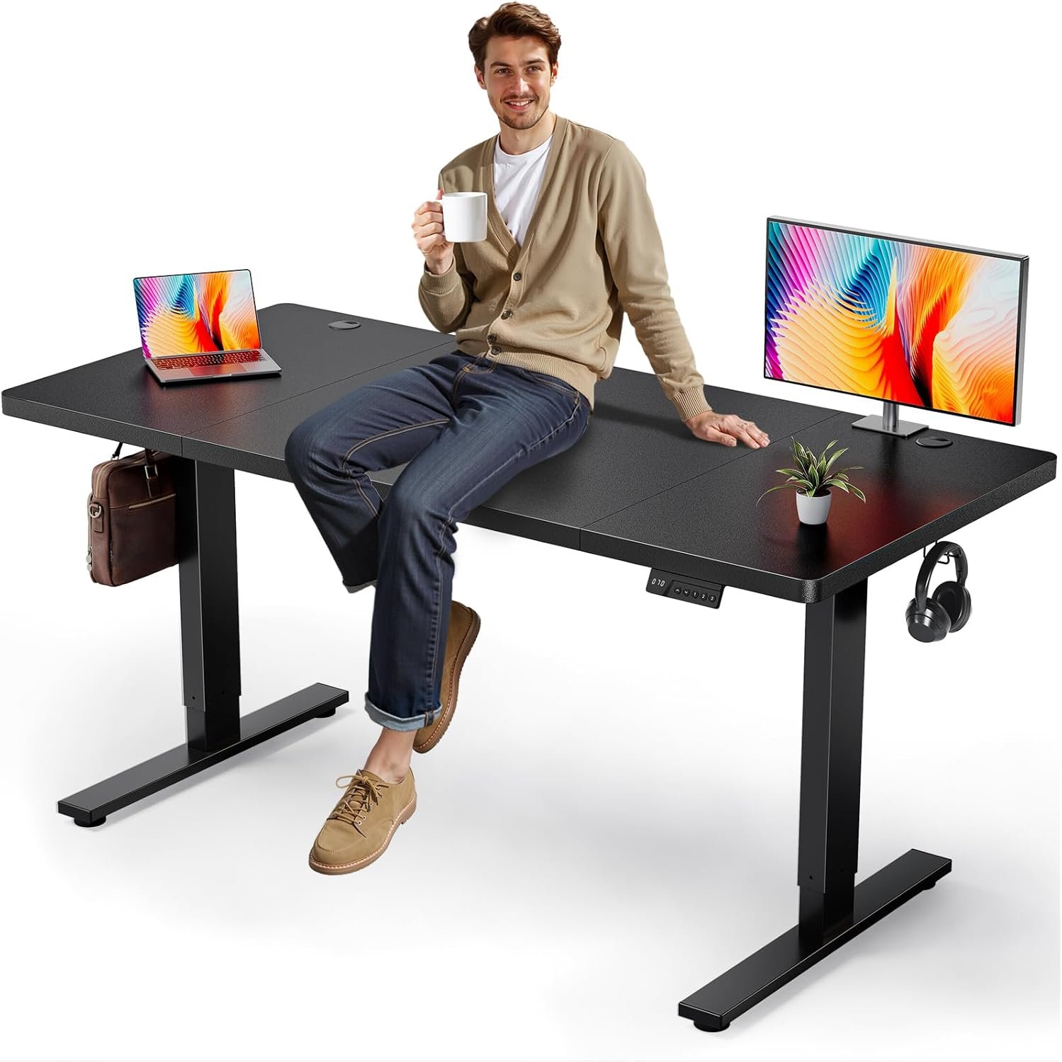 Electric Standing Desk Adjustable – 63×30 Inch Sit Stand Desk with 1 Inch Thick Tabletop, Double Beam Frame, 3 Memory Height Adjustment, Cable Management for Home Office