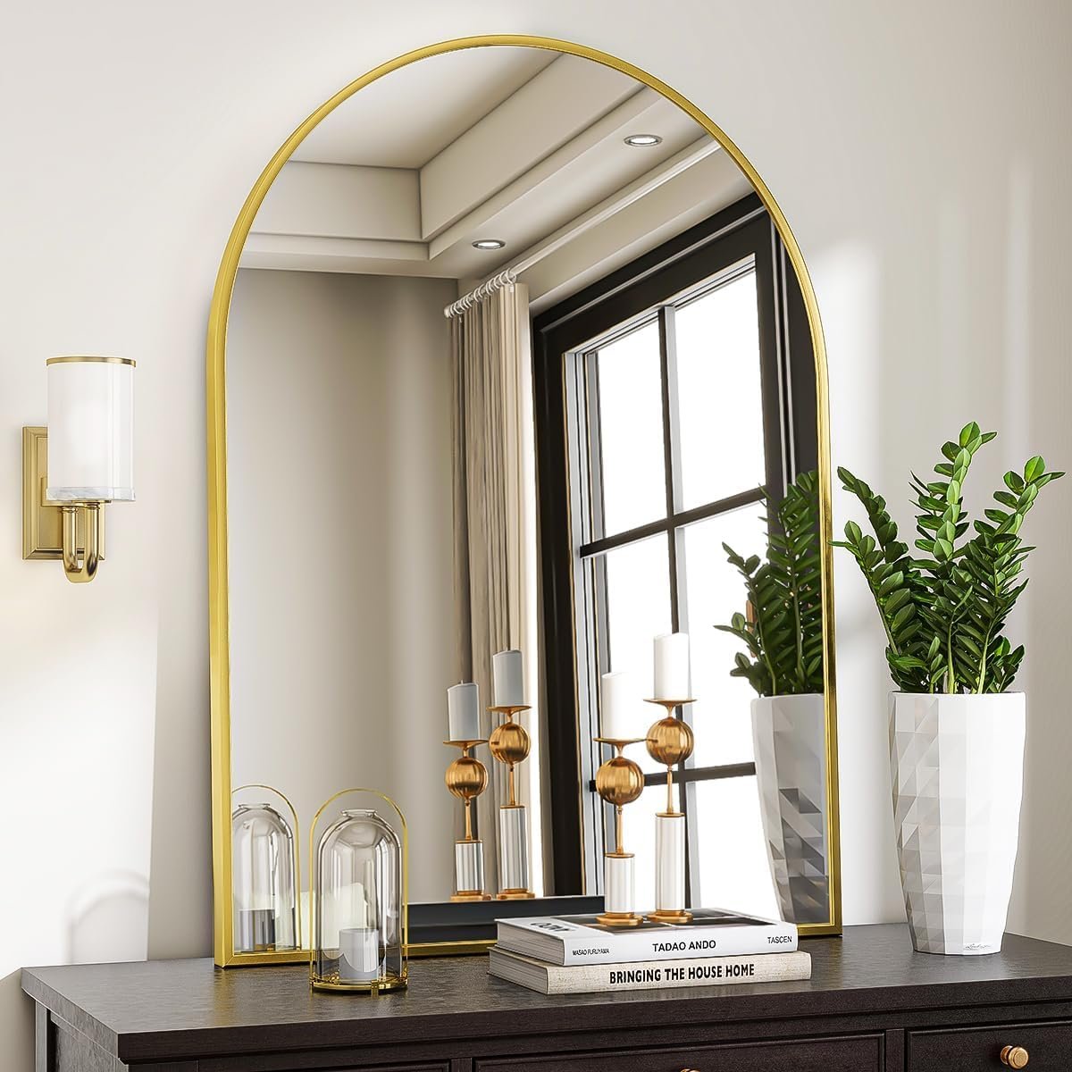 VooBang Arched Wall Mirror, 30 x 38 inch Arch Bathroom Mirror, Wall Mounted Vanity Mirror with Arch Metal Frame, Modern Bathroom Vanity Mirror for Bedroom, Living Room, Hanging or Leaning, Gold