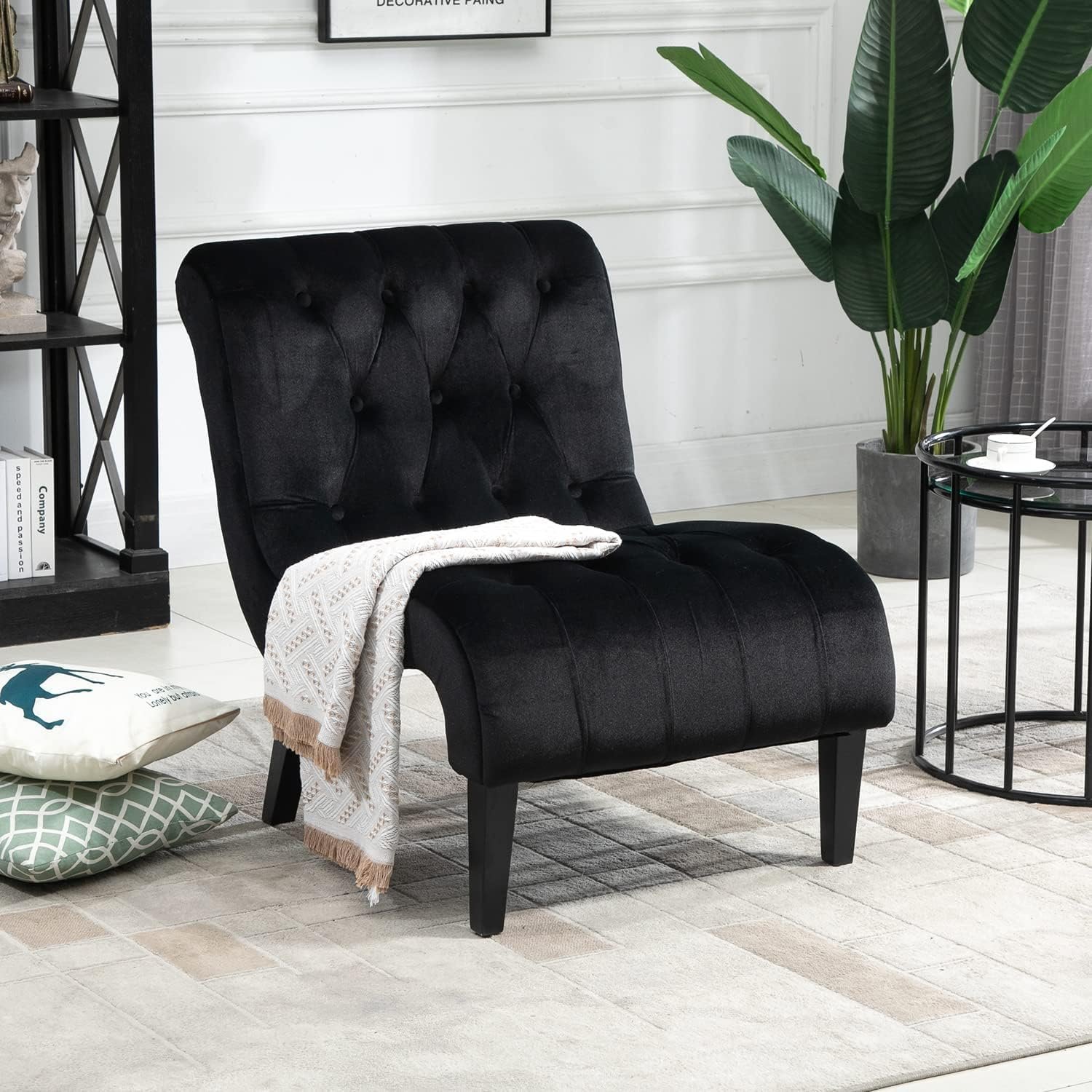 AVAWING Armless Accent Chair, Upholstered Button Tufted Living Room Chairs with Wood Legs, Comfy Frosted Velvet Lounge Chair Reading Chair for Bedroom, Black