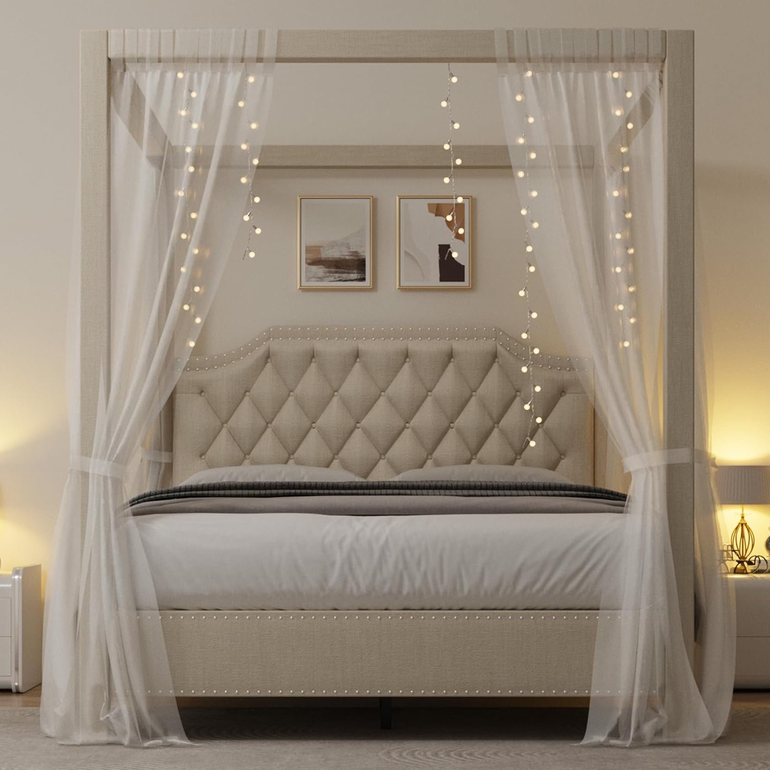 GarveeHome Upholstered Canopy Bed Frame Queen Size with headboard, Button Tufted, Nailhead Trim Design, No Box Spring Required, Beige(Shipped in 2 Boxes)