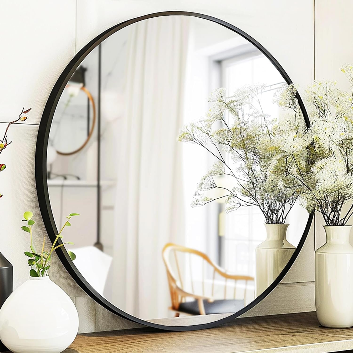 Sunniry Black Round Mirror, Round Mirror 24 inch, Black Circle Mirrors Matte Metal Frame, Wall Mounted Mirrors for Living Room, Bathroom, Wall, Entryway.