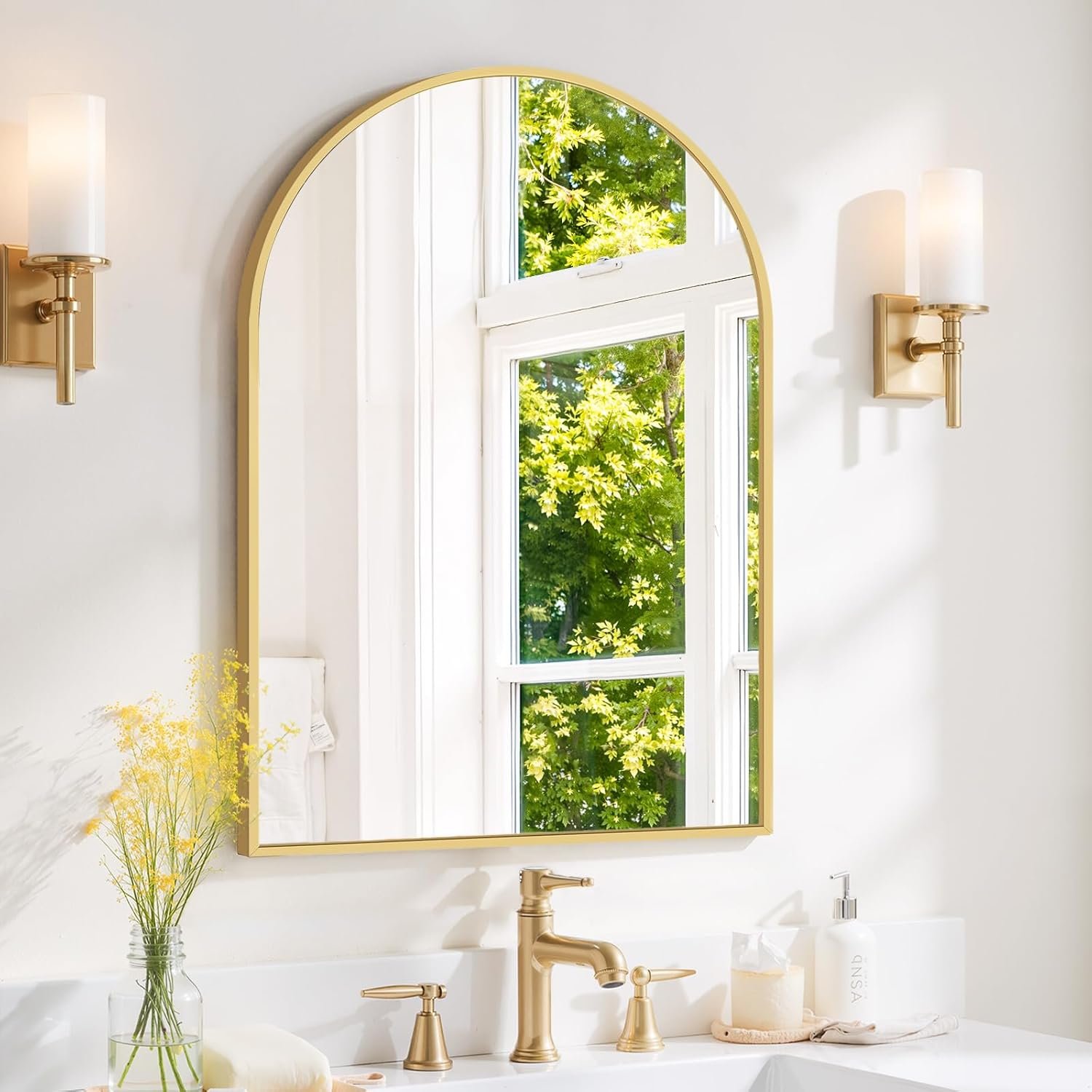 Arched Wall Mirror 30×20 Inch Gold Bathroom Vanity Mirror with Metal Frame, Modern Arch Mirror for Bedroom, Living Room, Entryway, Wall Mounted Decorative Mirror