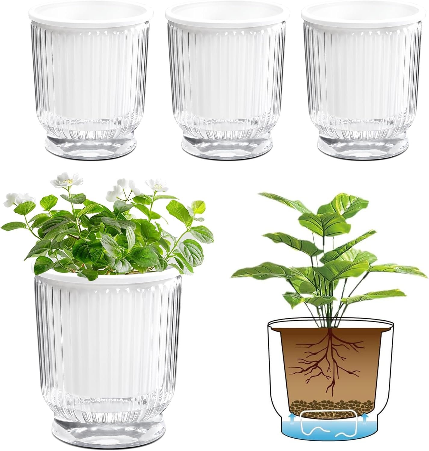 T4U 4.8 Inch Self Watering Plant Pot, 4 Pack Self Watering Pots, Self Watering Planter with Reservoir, Small Self Watering Pots for Indoor Plants, African Violets (4 Pack, 4.8″, Clear)