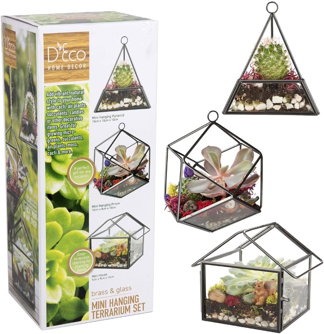 D’Eco Glass Mini Geometric Plant Terrariums 3 Pack – Triangle, House & Prism Planters for Spring Home Decor – Fill with Succulents, Cacti, Air Plants, Moss, Flowers for Plant Lovers